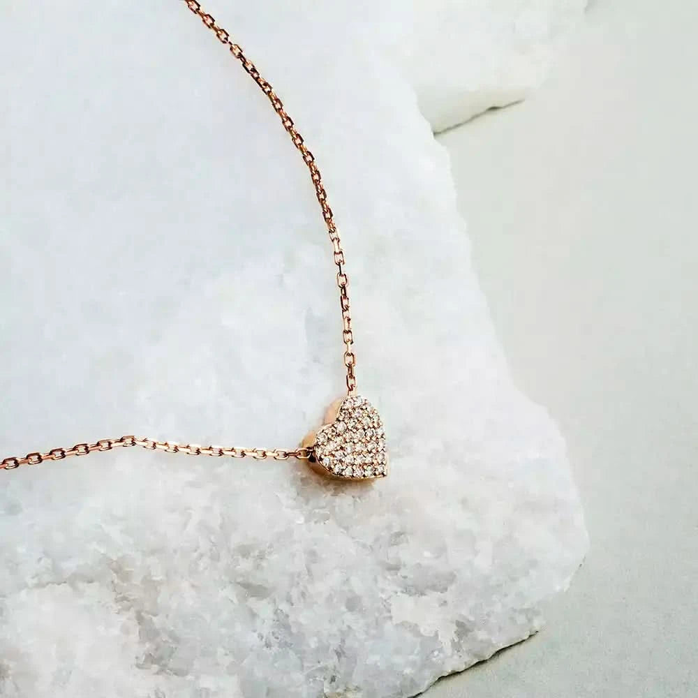 Heart Pırlanta Taşlı Rose Altın Kolye