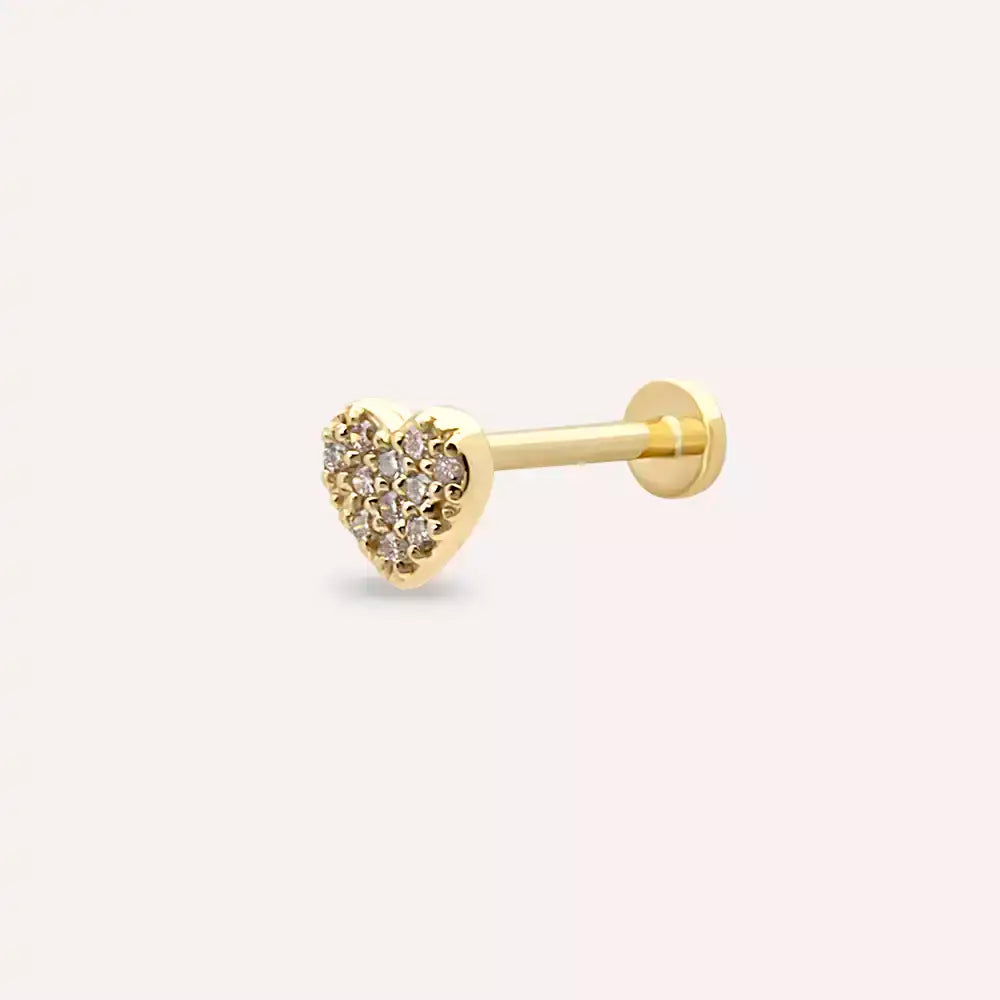 Heart Pırlanta Taşlı Sarı Altın Piercing