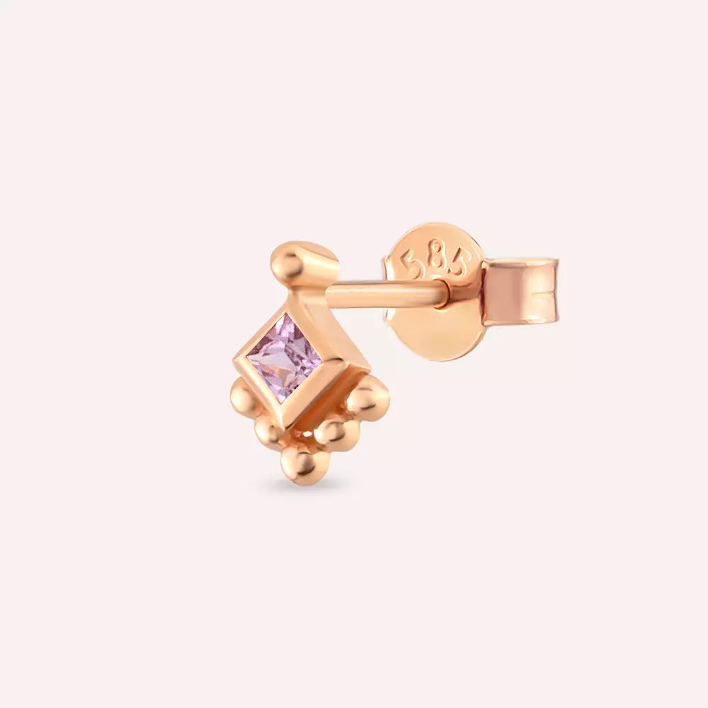 Hue Pink Safir Taşlı Rose Altın Tek Küpe