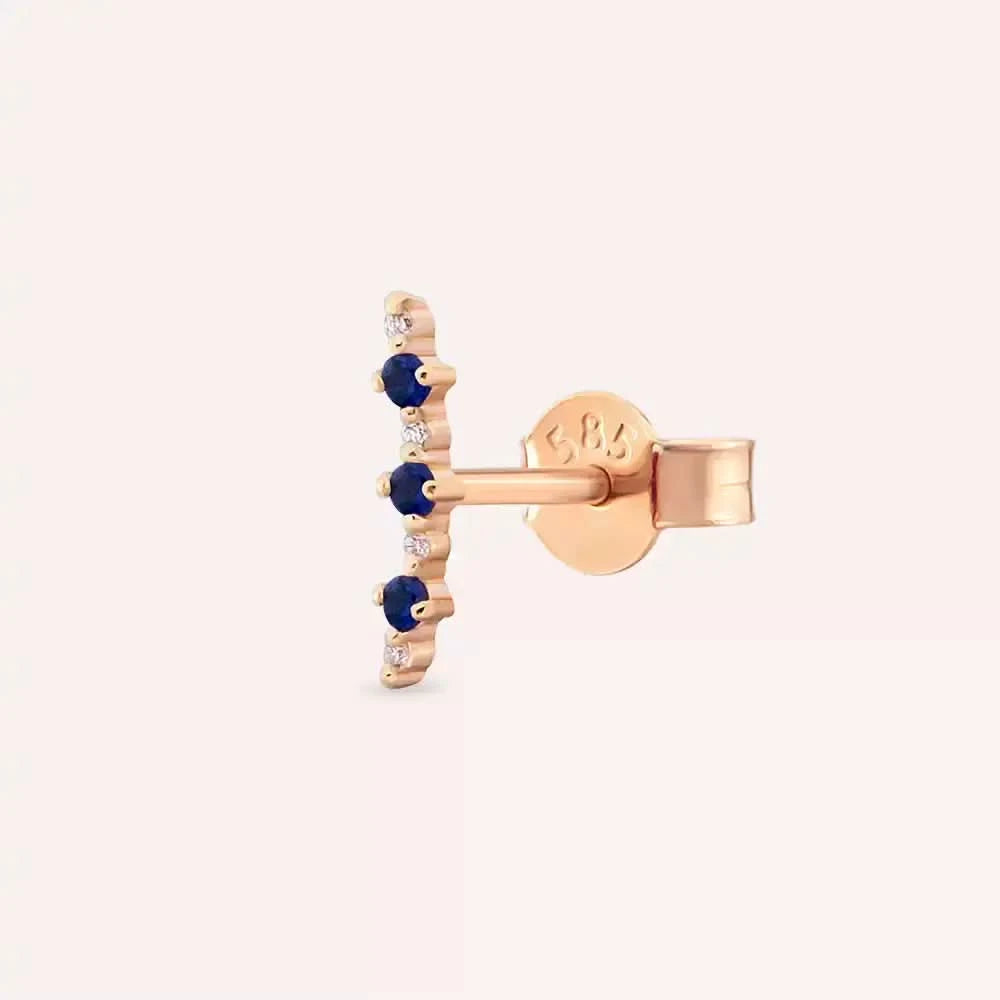 Hued Safir ve Pırlanta Taşlı Rose Altın Tek Küpe