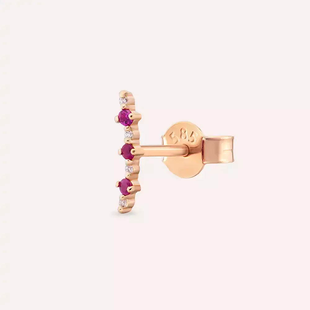 Hued Yakut Taşlı Rose Altın Tek Küpe