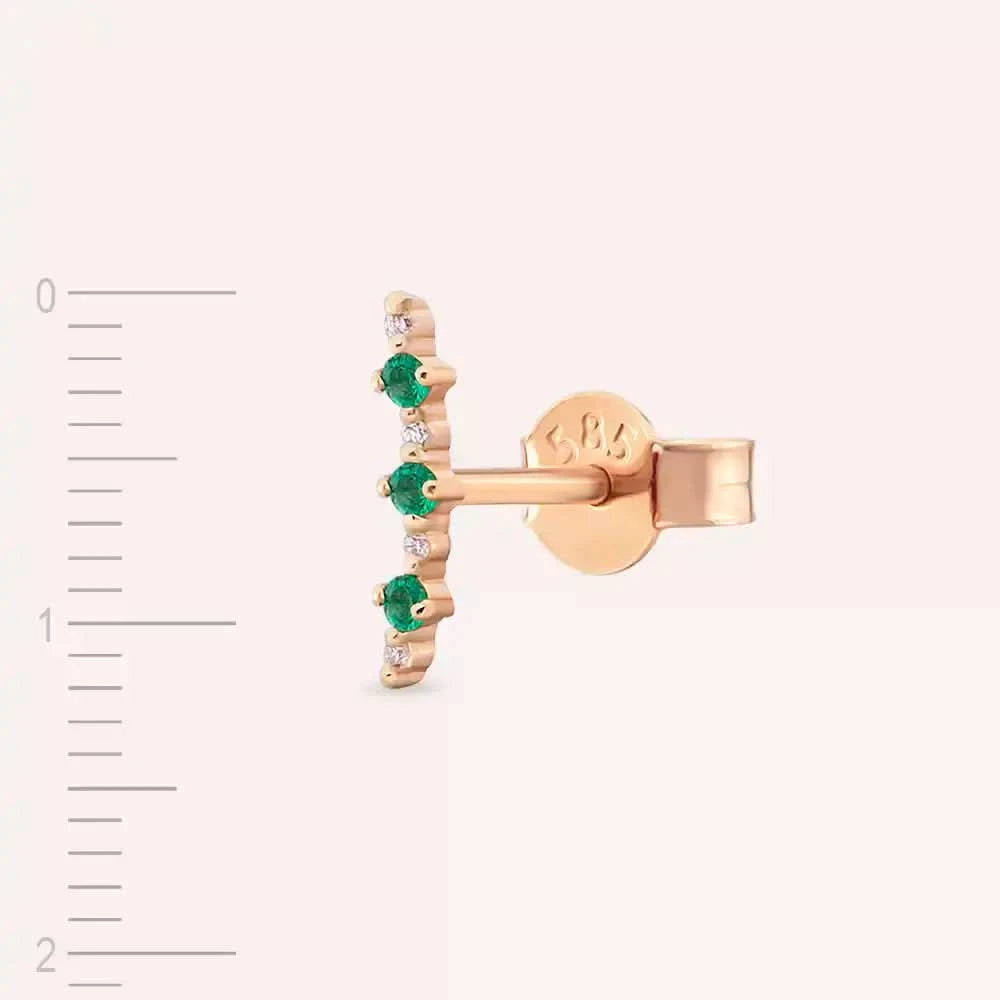 Hued Zümrüt ve Pırlanta Taşlı Rose Altın Tek Küpe