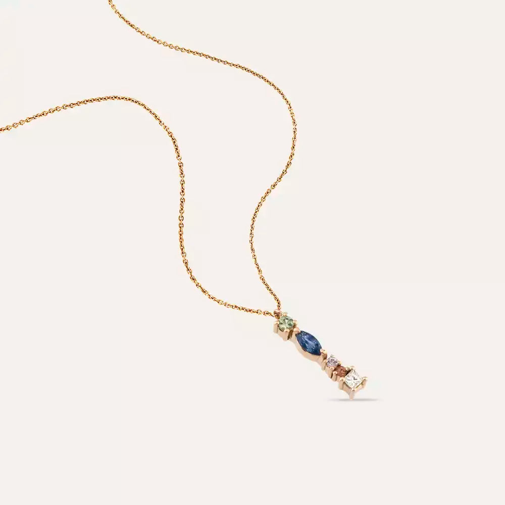 I Harf Brown Pırlanta ve Multicolor Safir Taşlı Rose Altın Kolye