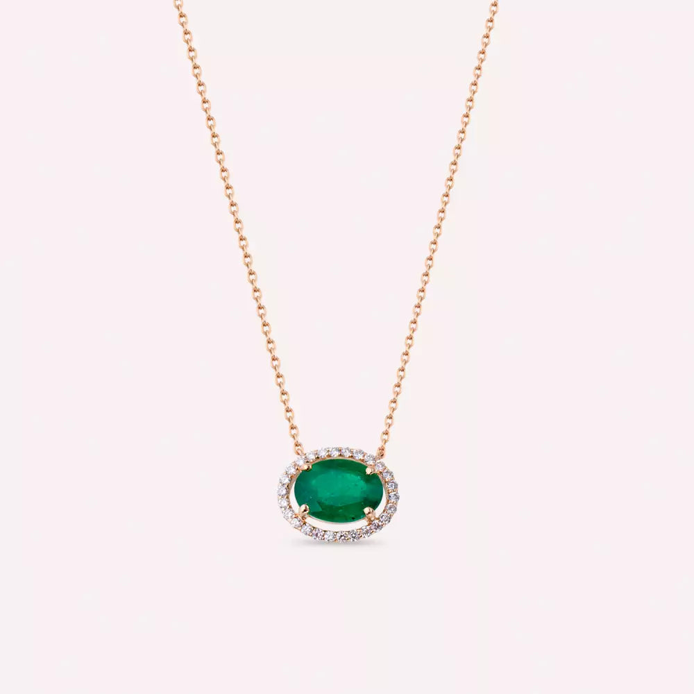 Jade Oval Kesim Zümrüt ve Pırlanta Taşlı Rose Altın Kolye