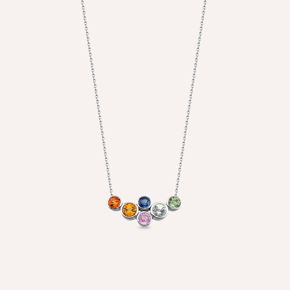 Juno 2.60 CT Multicolor Safir Taşlı Beyaz Altın Kolye