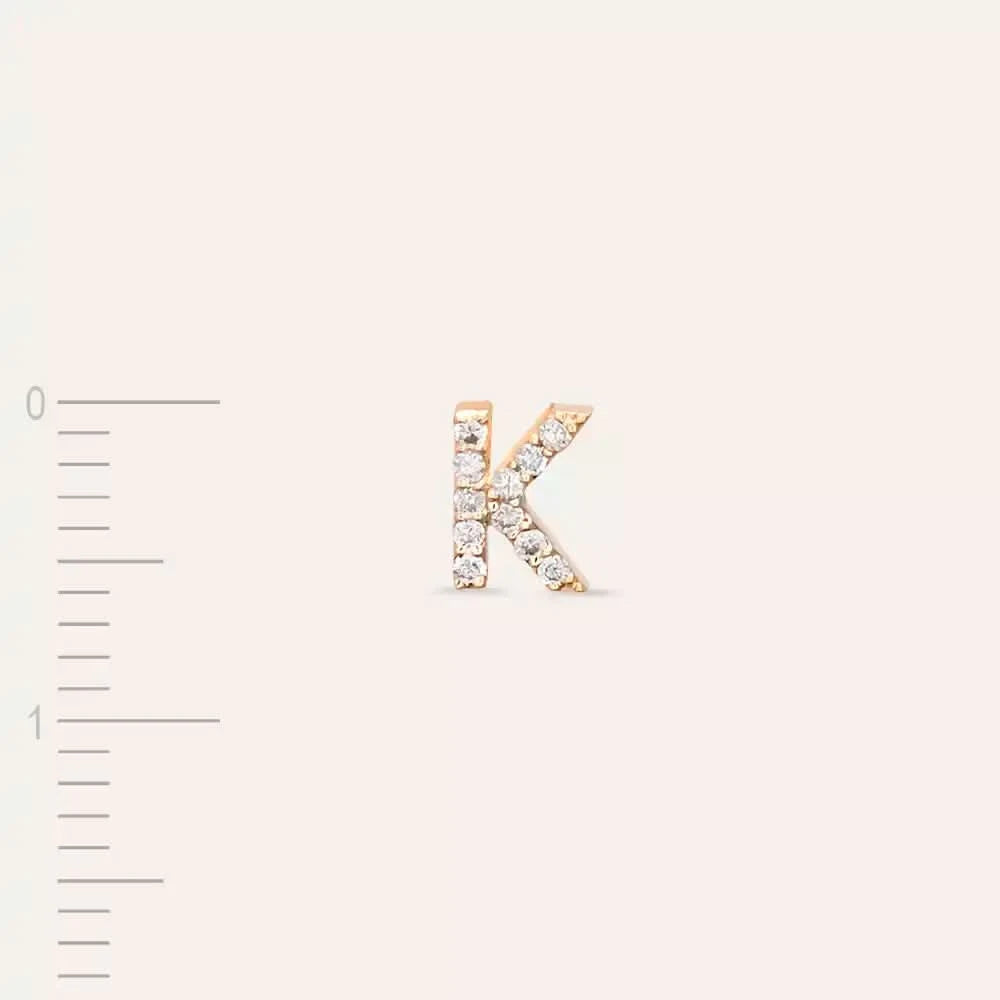 K Harf Pırlanta Taşlı Sarı Altın Tek Küpe