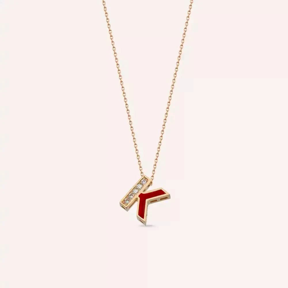 K Harf Pırlanta Taşlı ve Bordo Mineli Rose Altın Kolye