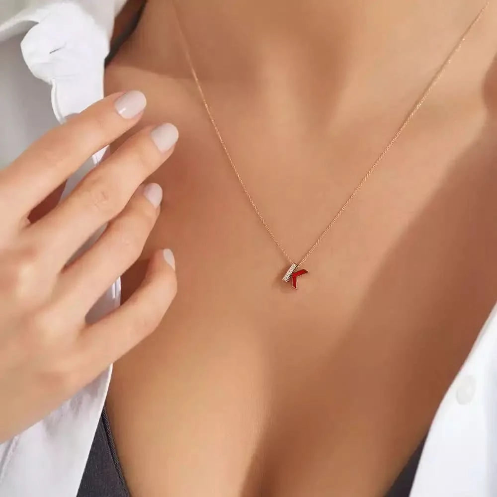 K Harf Pırlanta Taşlı ve Bordo Mineli Rose Altın Kolye
