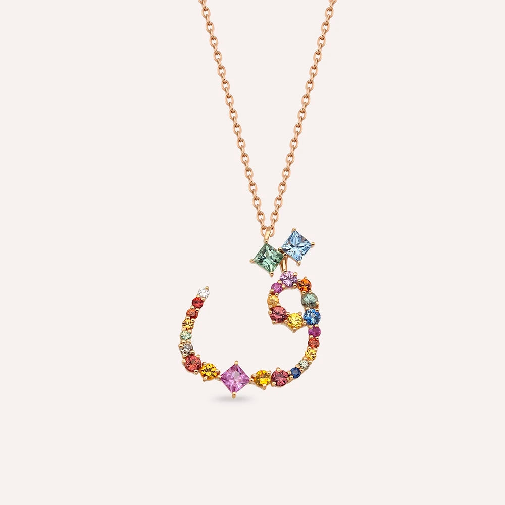 ق Kaf Harf 1.43 CT Pırlanta ve Multicolor Safir Taşlı Rose Altın Kolye