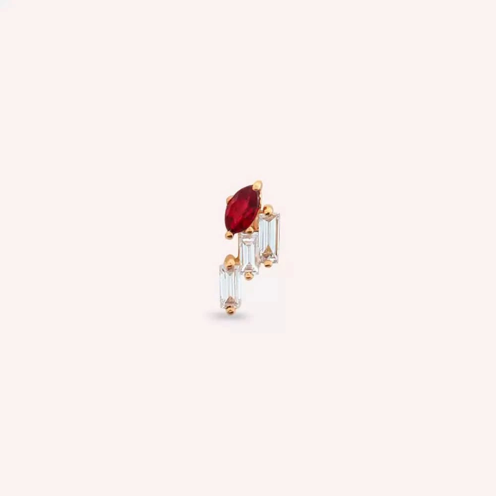 Lea Red Safir ve Baget Pırlanta Taşlı Rose Altın Tek Küpe