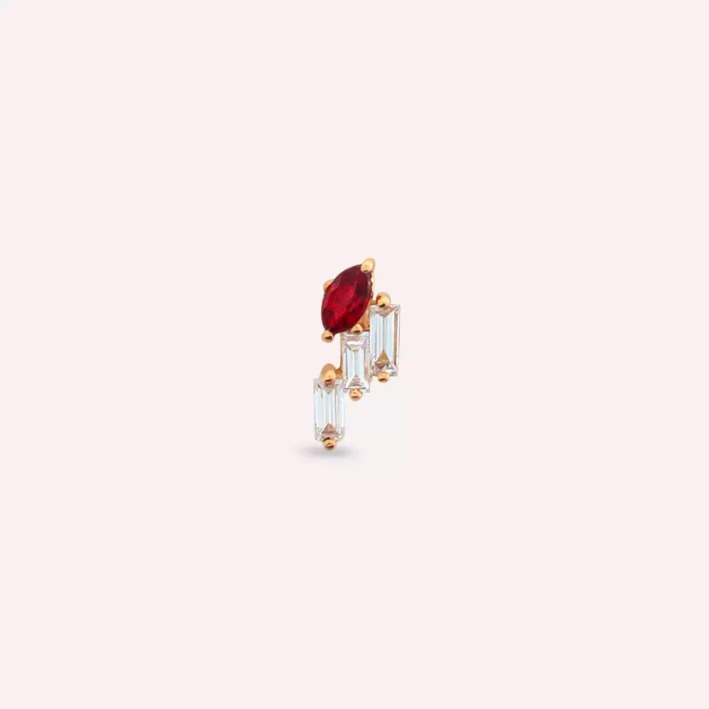 Ethos Red Safir ve Baget Pırlanta Taşlı Rose Altın Tek Küpe
