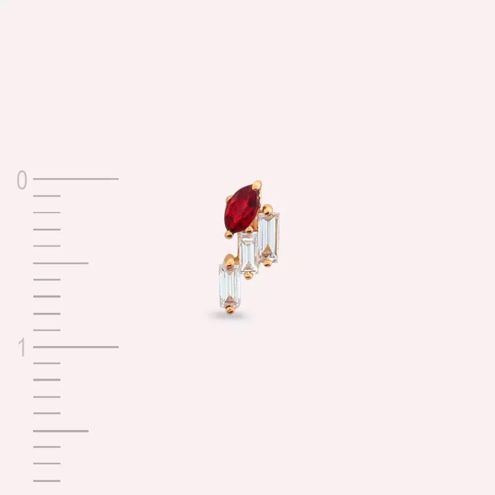 Lea Red Safir ve Baget Pırlanta Taşlı Rose Altın Tek Küpe