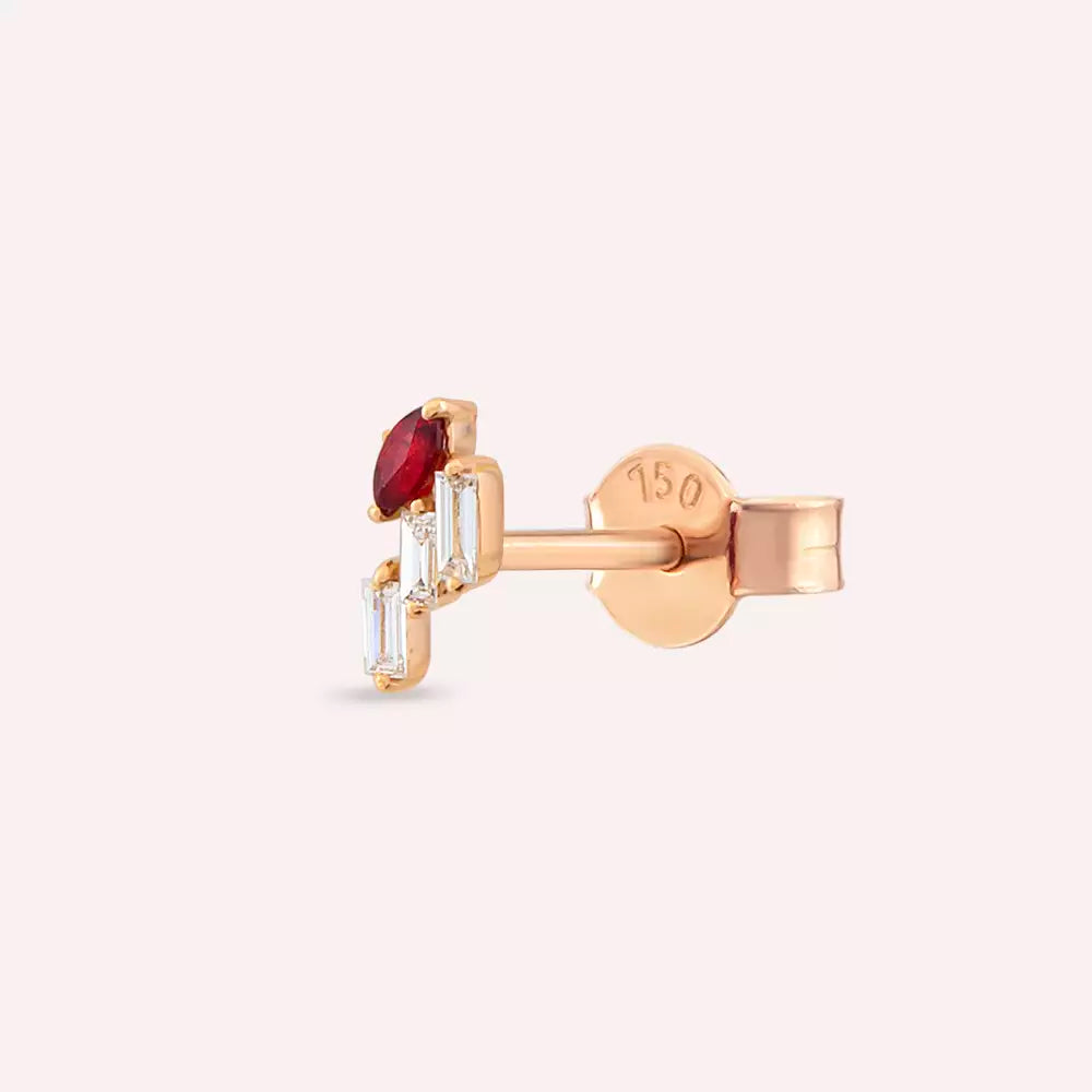 Ethos Red Safir ve Baget Pırlanta Taşlı Rose Altın Tek Küpe