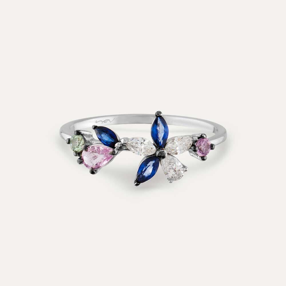 Lilia Multicolor Safir ve Pırlanta Taşlı Beyaz Altın Yüzük