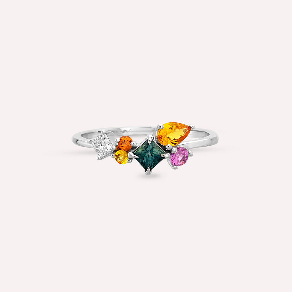 Lily 0.88 CT Multicolor Safir ve Pırlanta Taşlı Beyaz Altın Yüzük