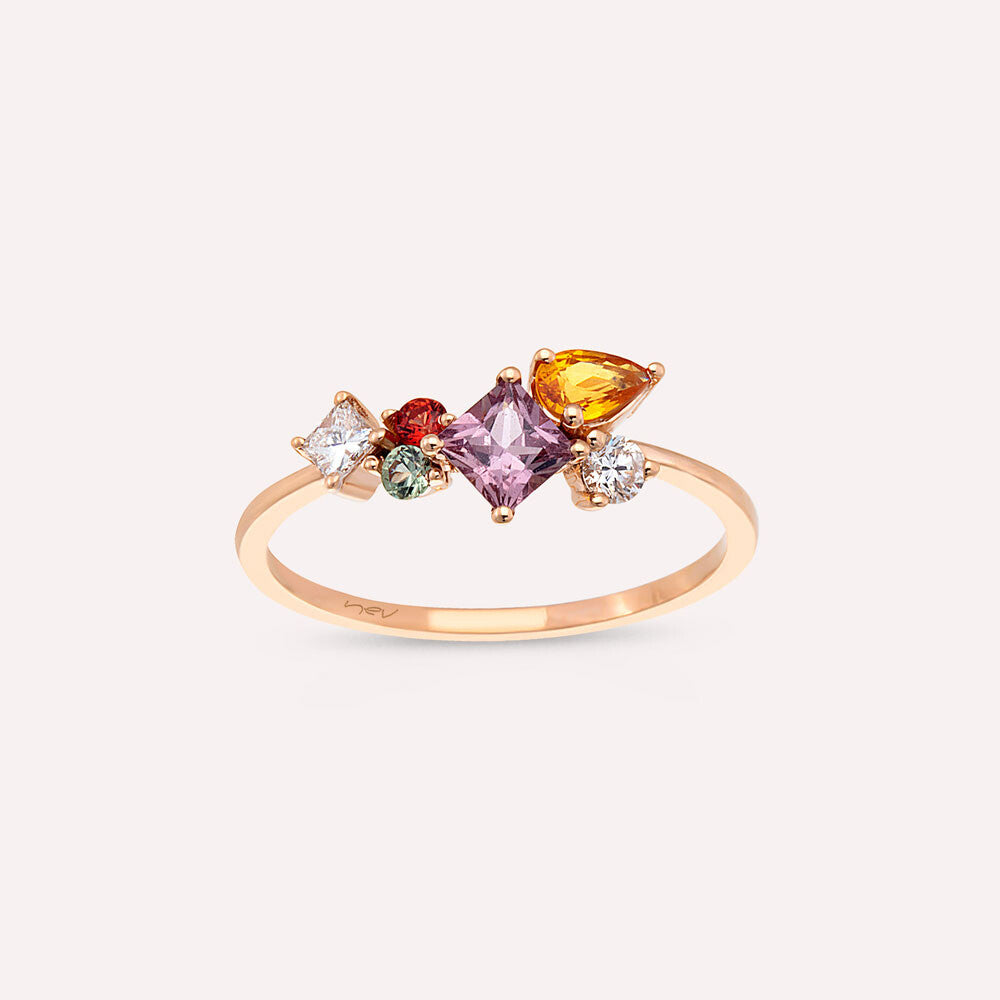 Lily 0.93 CT Pırlanta ve Multicolor Safir Taşlı Rose Altın Yüzük