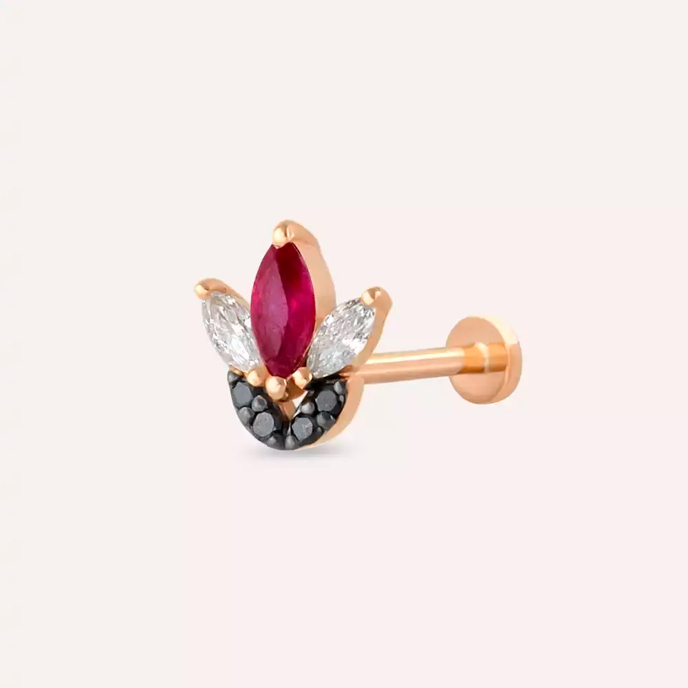 Lily Yakut ve Siyah Pırlanta Taşlı Rose Altın Piercing