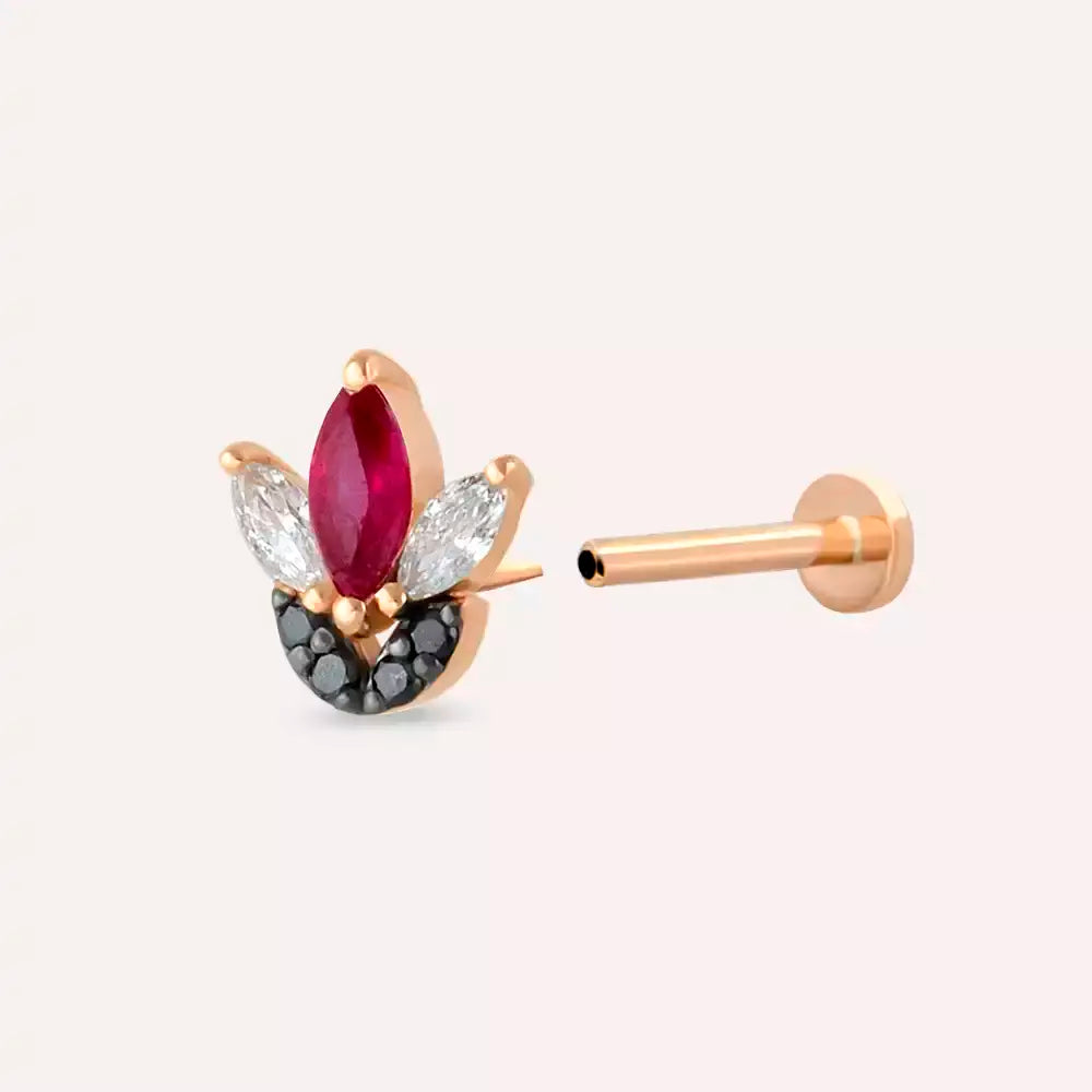 Lily Yakut ve Siyah Pırlanta Taşlı Rose Altın Piercing