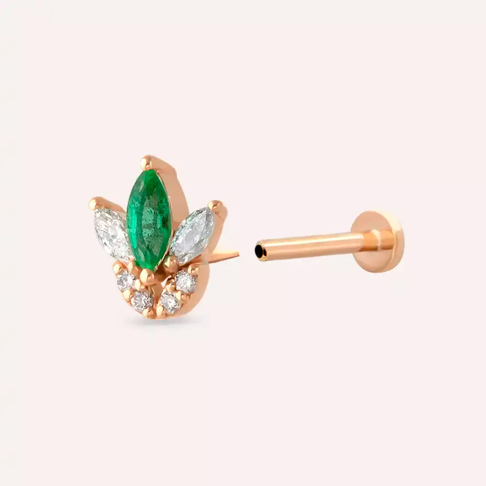 Lily Zümrüt ve Pırlanta Taşlı Rose Altın Piercing