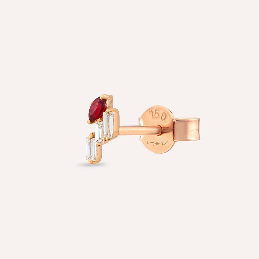 Loe Red Safir ve Baget Pırlanta Taşlı Rose Altın Tek Küpe