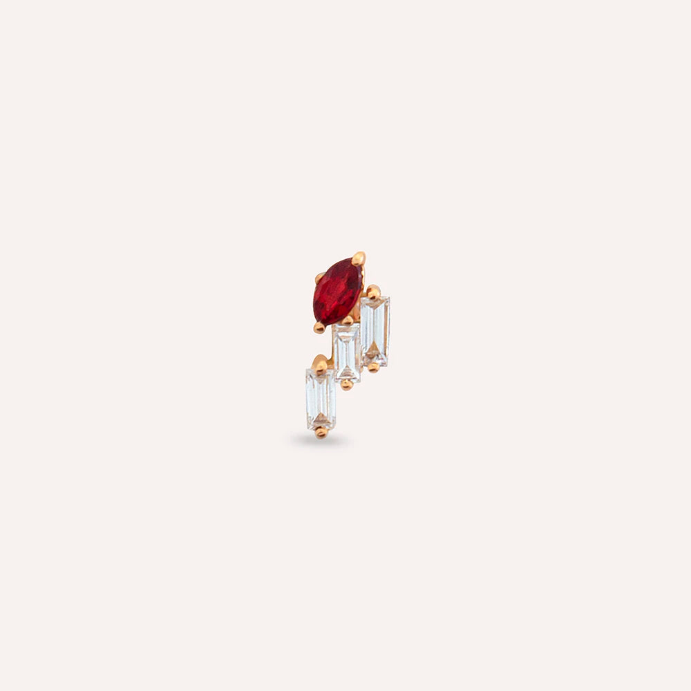 Loe Red Safir ve Baget Pırlanta Taşlı Rose Altın Tek Küpe