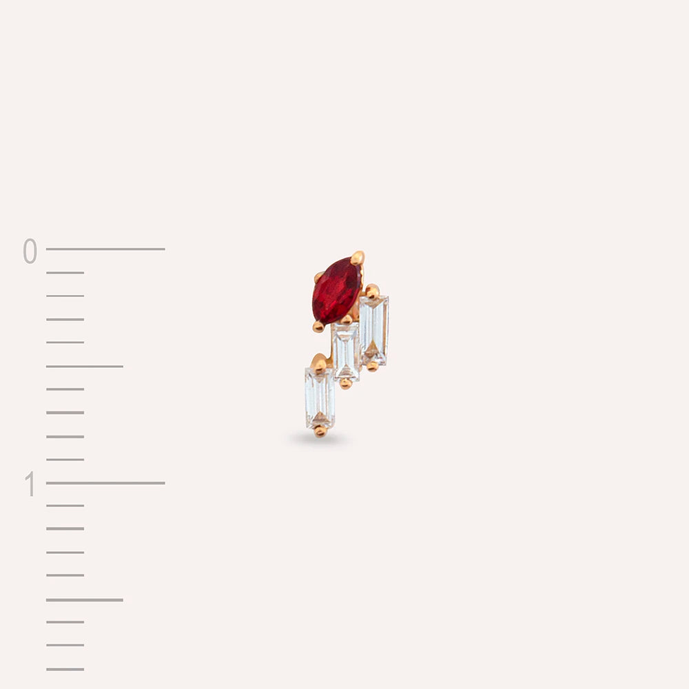Loe Red Safir ve Baget Pırlanta Taşlı Rose Altın Tek Küpe