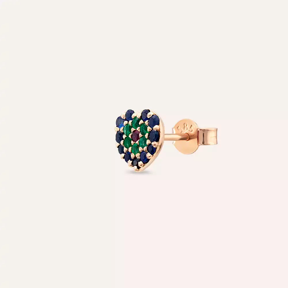 Love Safir, Zümrüt ve Yakut Taşlı Rose Altın Tek Küpe