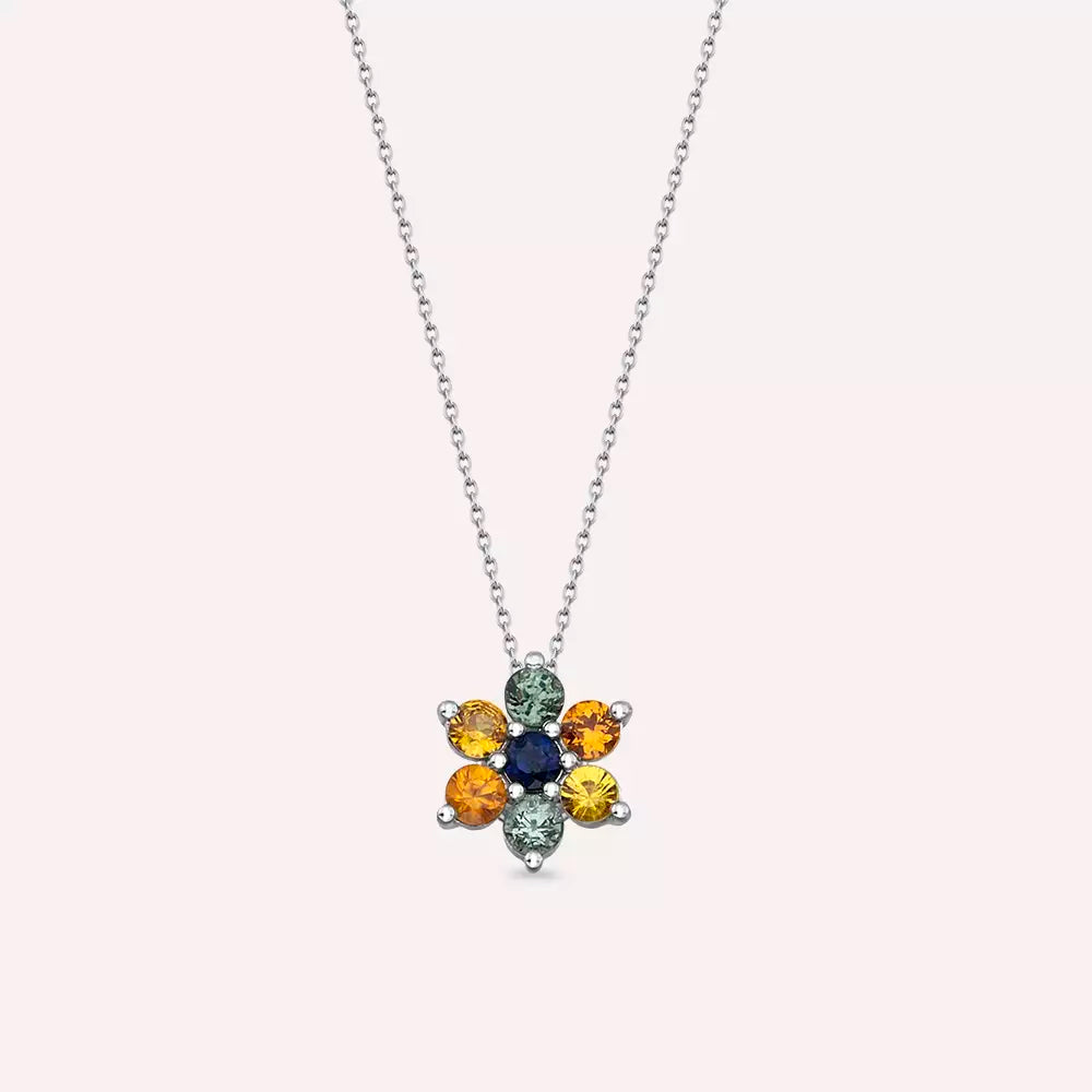 Luvis Multicolor Safir Taşlı Beyaz Altın Kolye