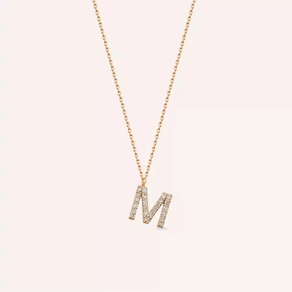 M Harf 0.15 CT Pırlanta Taşlı Rose Altın Kolye