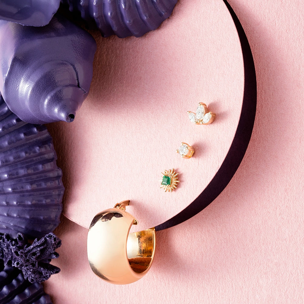 Mini Lotus Pırlanta Taşlı Sarı Altın Piercing