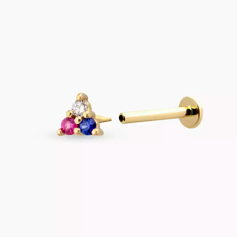Mini Trigon Pırlanta Yakut ve Safir Taşlı Sarı Altın Piercing