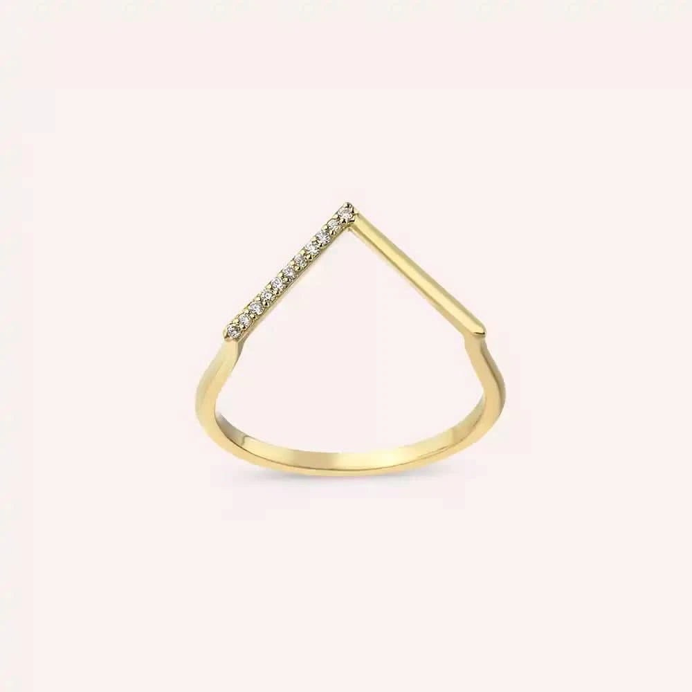 Minimal Pırlanta Taşlı Sarı Altın V Yüzük