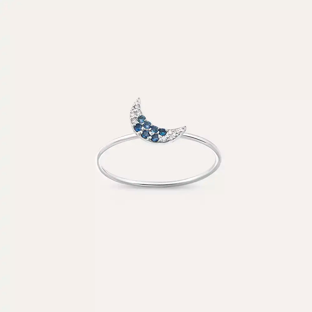 Moon 0.09 CT Blue Safir ve Pırlanta Taşlı Beyaz Altın Yüzük
