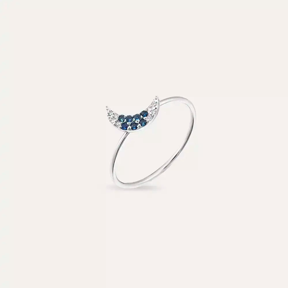 Moon 0.09 CT Blue Safir ve Pırlanta Taşlı Beyaz Altın Yüzük