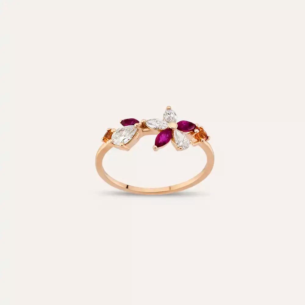 Multicolor Safir, Yakut ve Pırlanta Taşlı Rose Altın Çiçek Yüzük