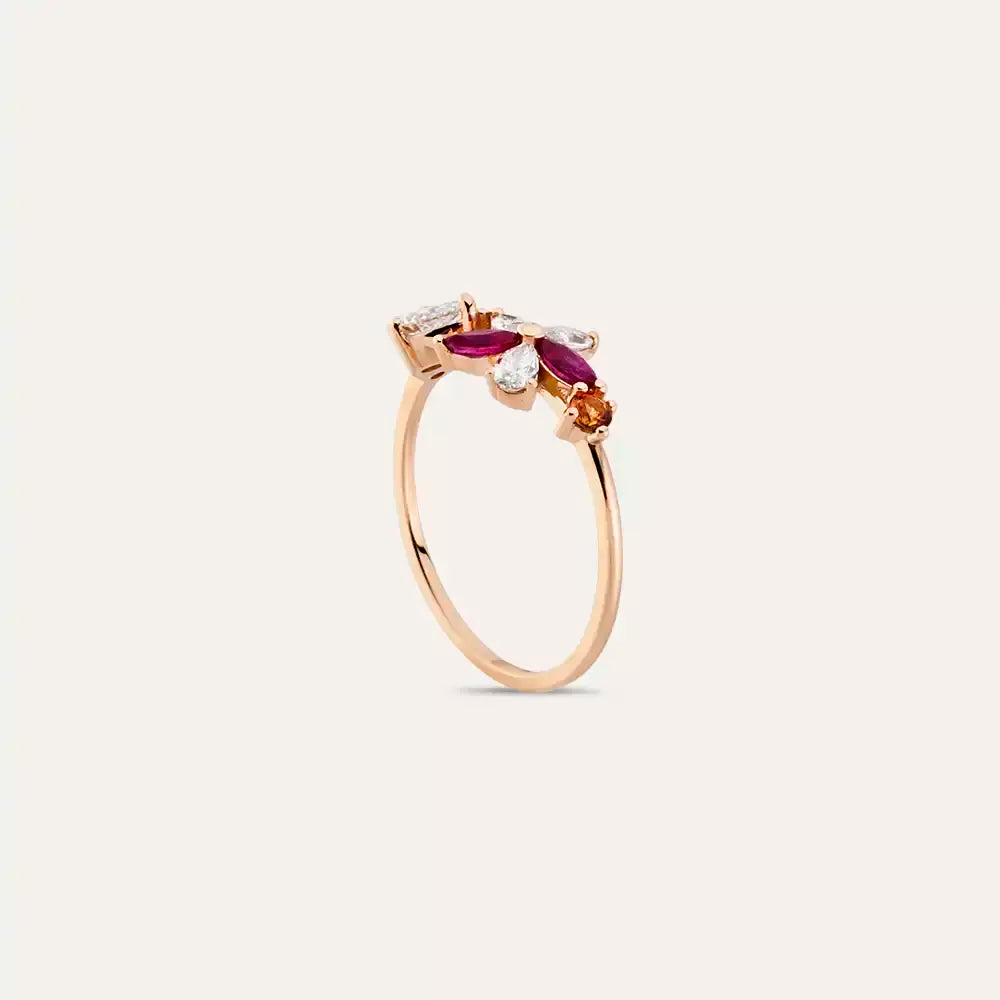 Multicolor Safir, Yakut ve Pırlanta Taşlı Rose Altın Çiçek Yüzük