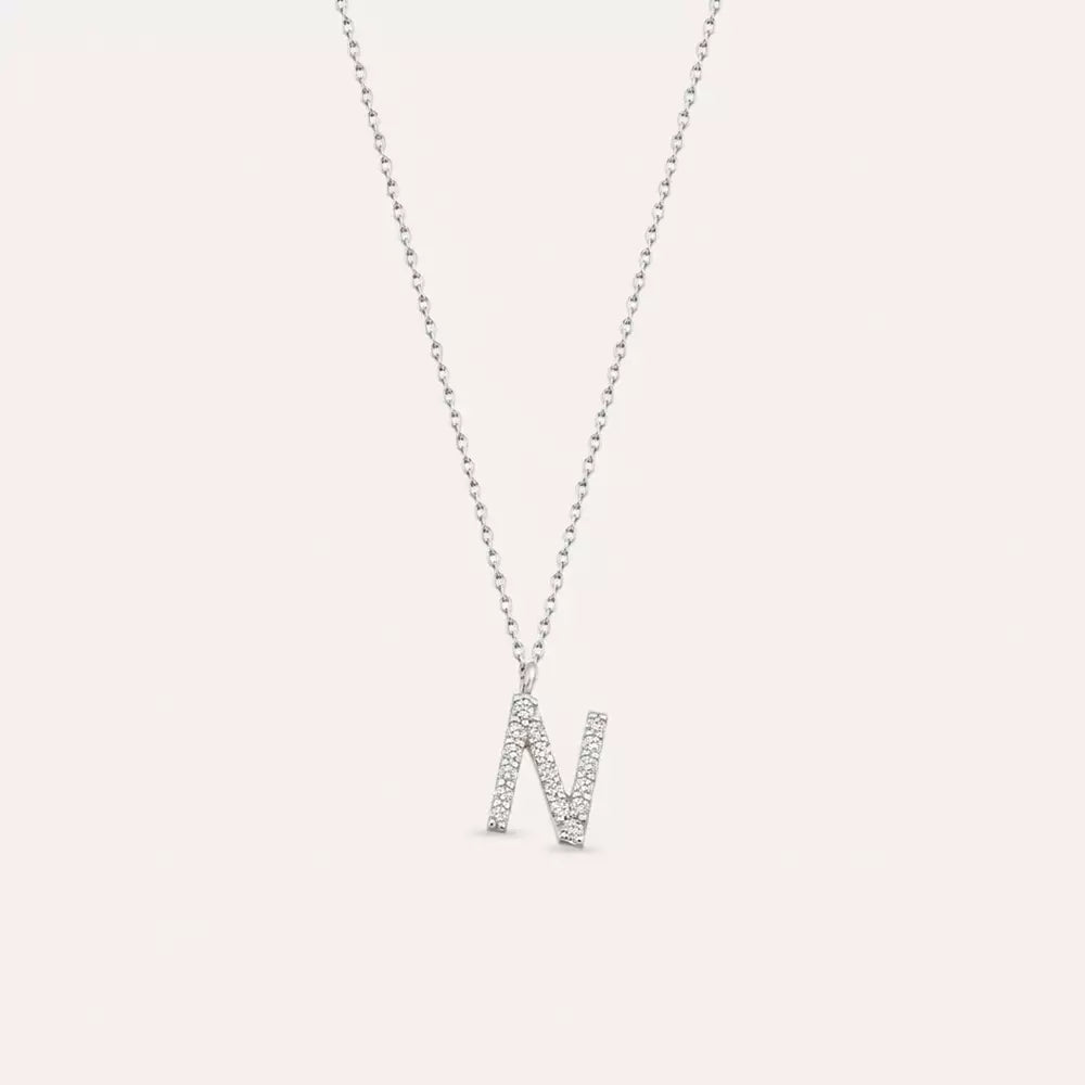 N Harf 0.10 CT Pırlanta Taşlı Beyaz Altın Kolye