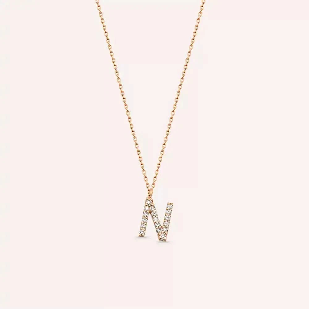 N Harf 0.10 CT Pırlanta Taşlı Rose Altın Kolye