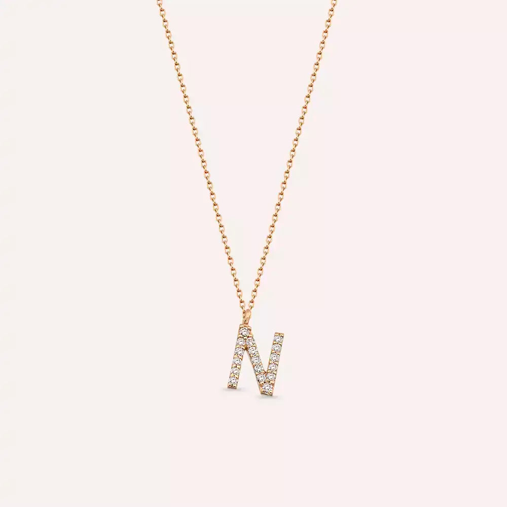 N Harf 0.10 CT Pırlanta Taşlı Rose Altın Kolye