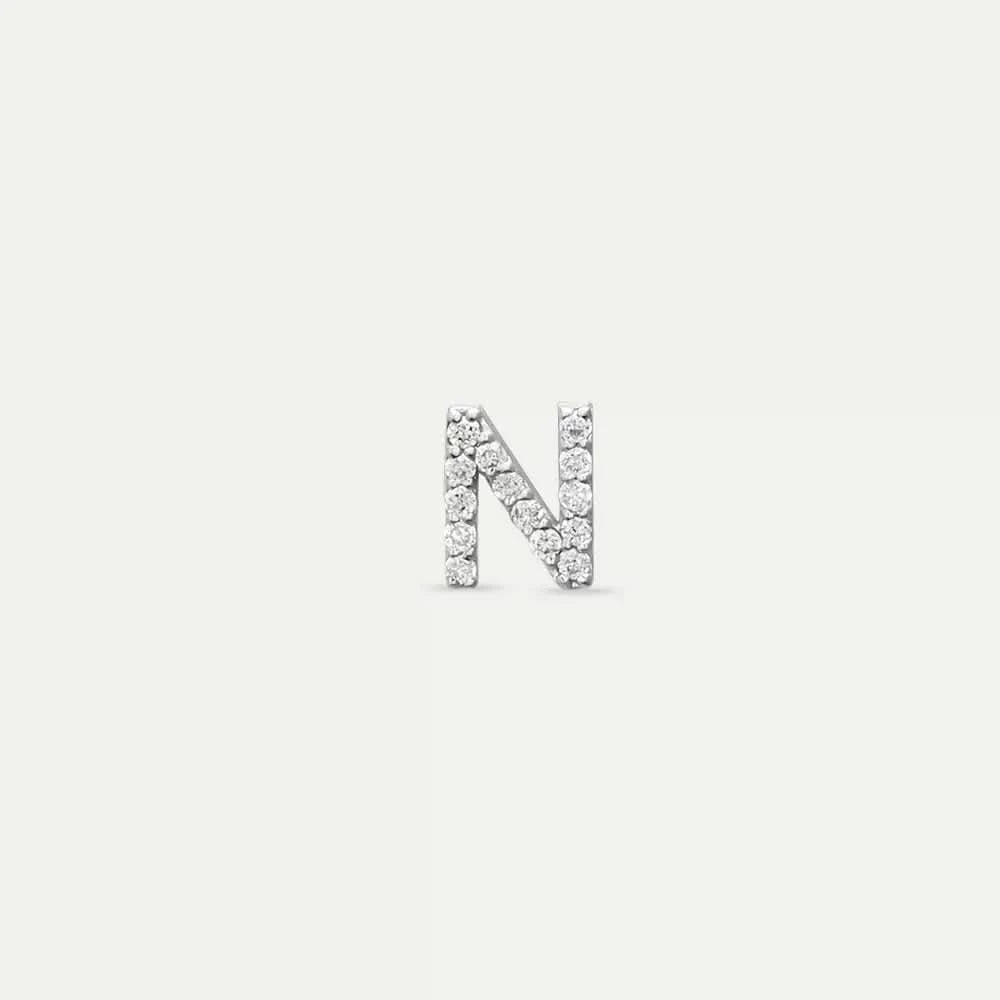 N Harf Pırlanta Taşlı Beyaz Altın Tek Küpe