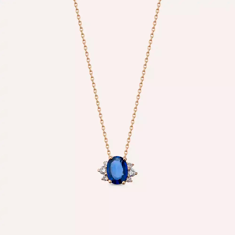 Navy Safir ve Pırlanta Taşlı Rose Altın Kolye