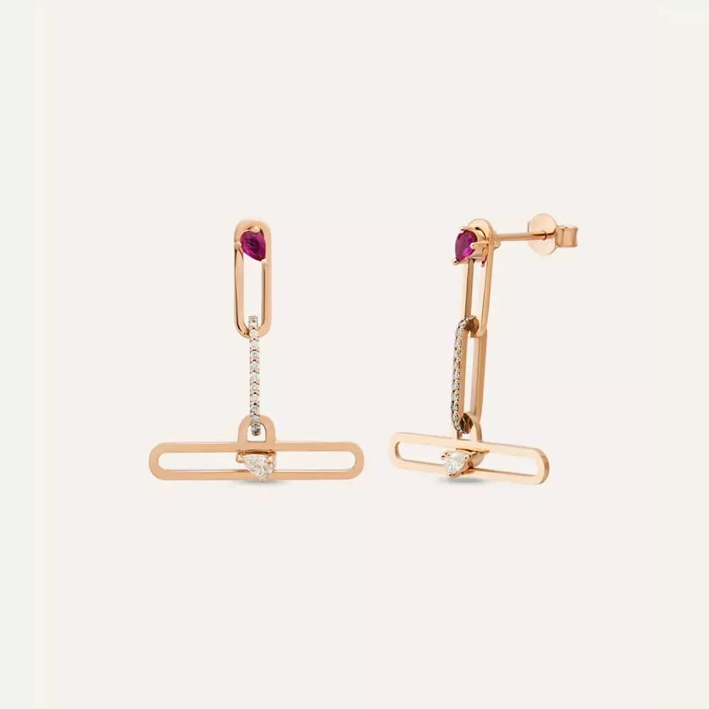 Nest Yakut ve Pırlanta Taşlı Rose Altın Küpe