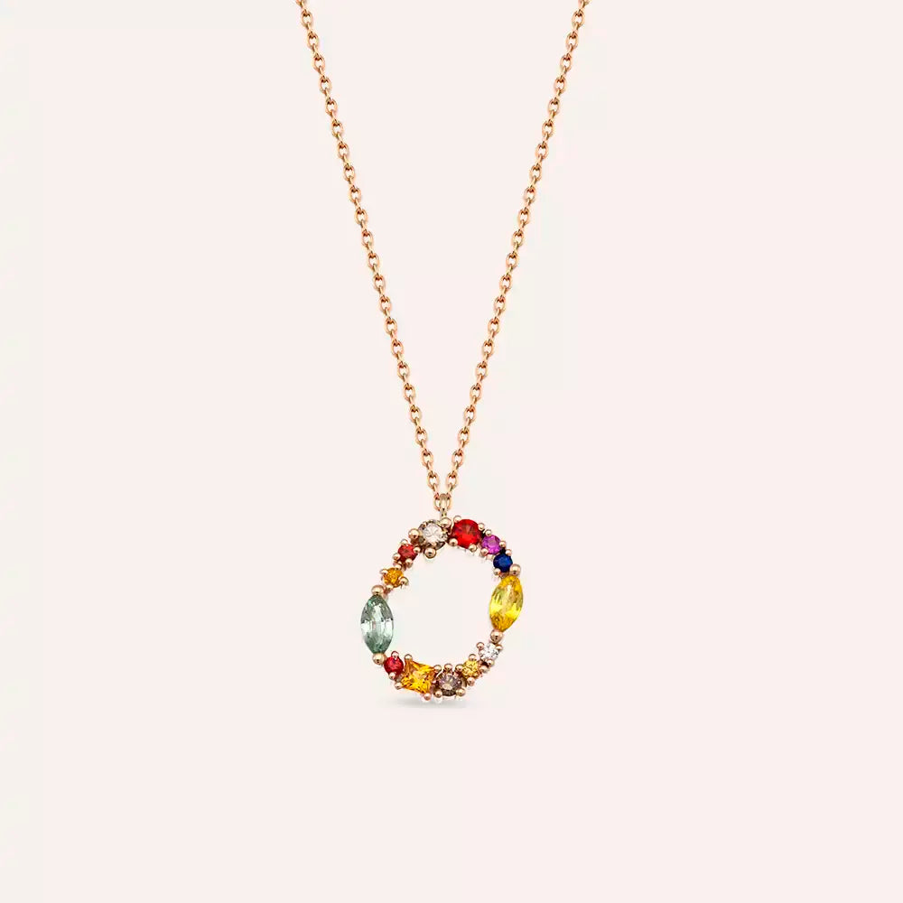 O Harf Brown Pırlanta ve Multicolor Safir Taşlı Rose Altın Kolye