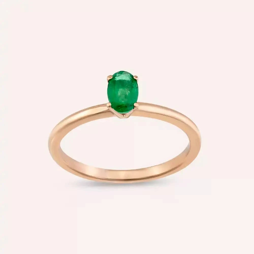 Oval Kesim Zümrüt Taşlı Rose Altın Tektaş Yüzük