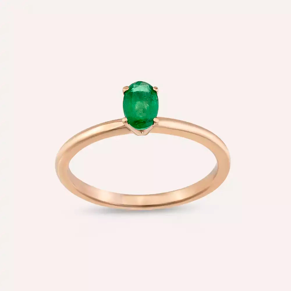 Oval Kesim Zümrüt Taşlı Rose Altın Tektaş Yüzük