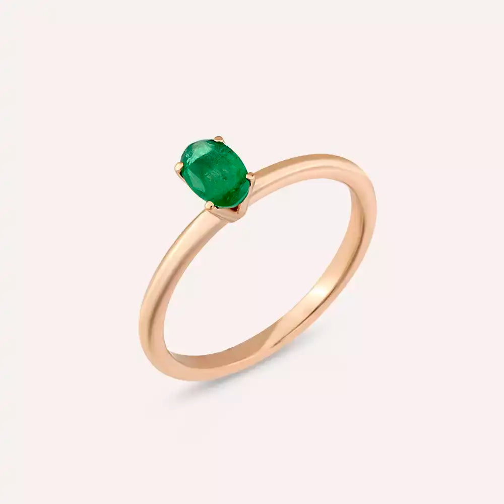 Oval Kesim Zümrüt Taşlı Rose Altın Tektaş Yüzük