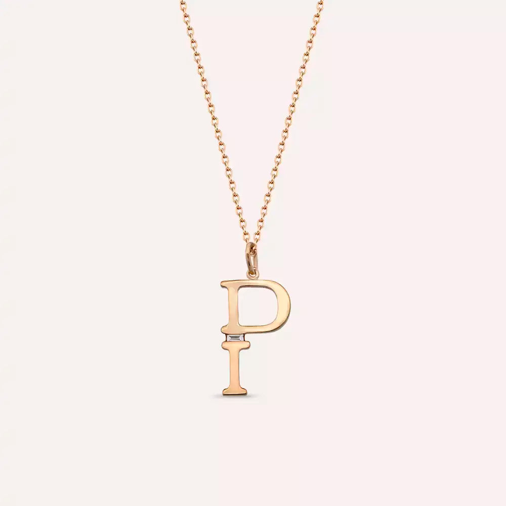 P Harf 0.02 CT Baget Pırlanta Taşlı Rose Altın Kolye