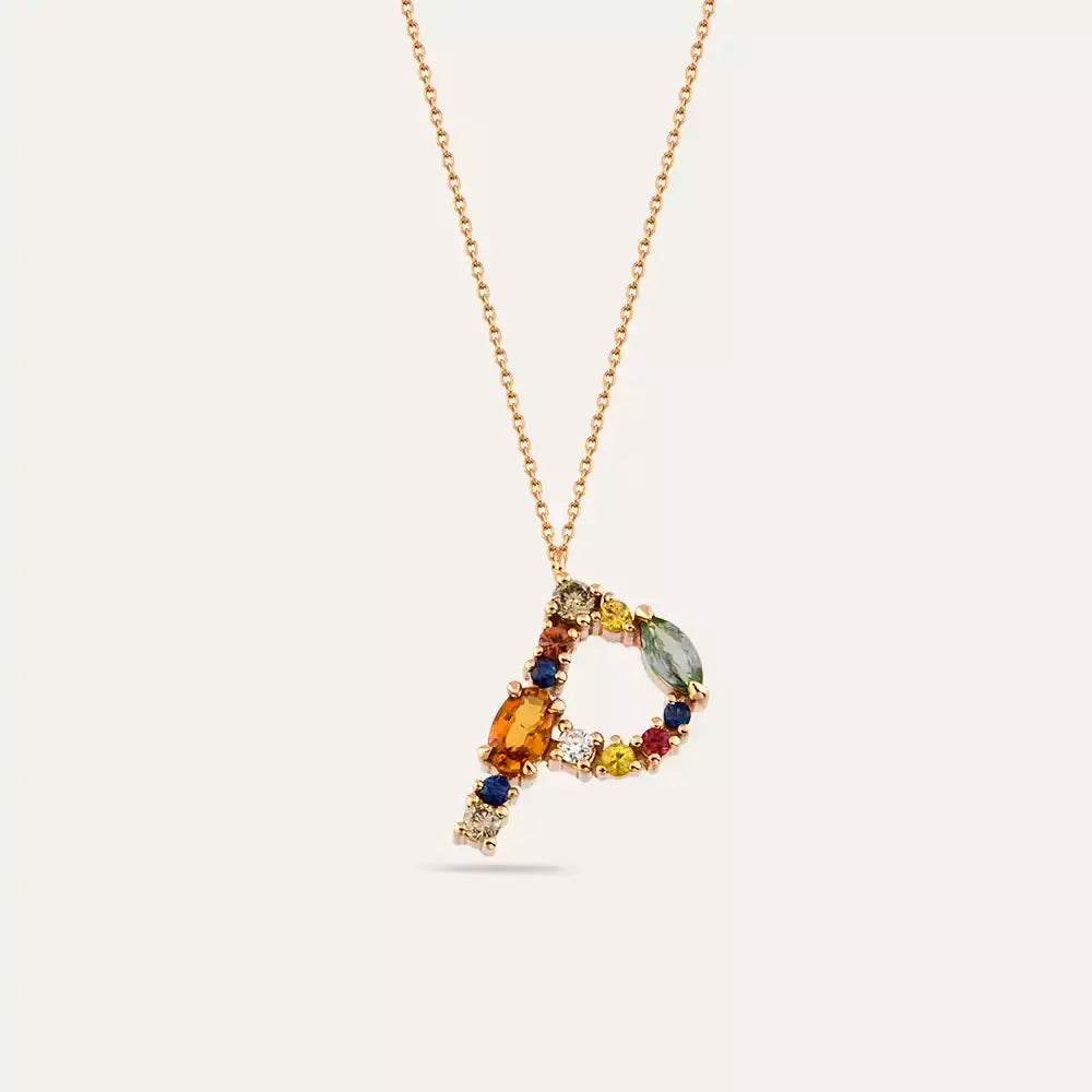 P Harf Brown Pırlanta ve Multicolor Safir Taşlı Rose Altın Kolye