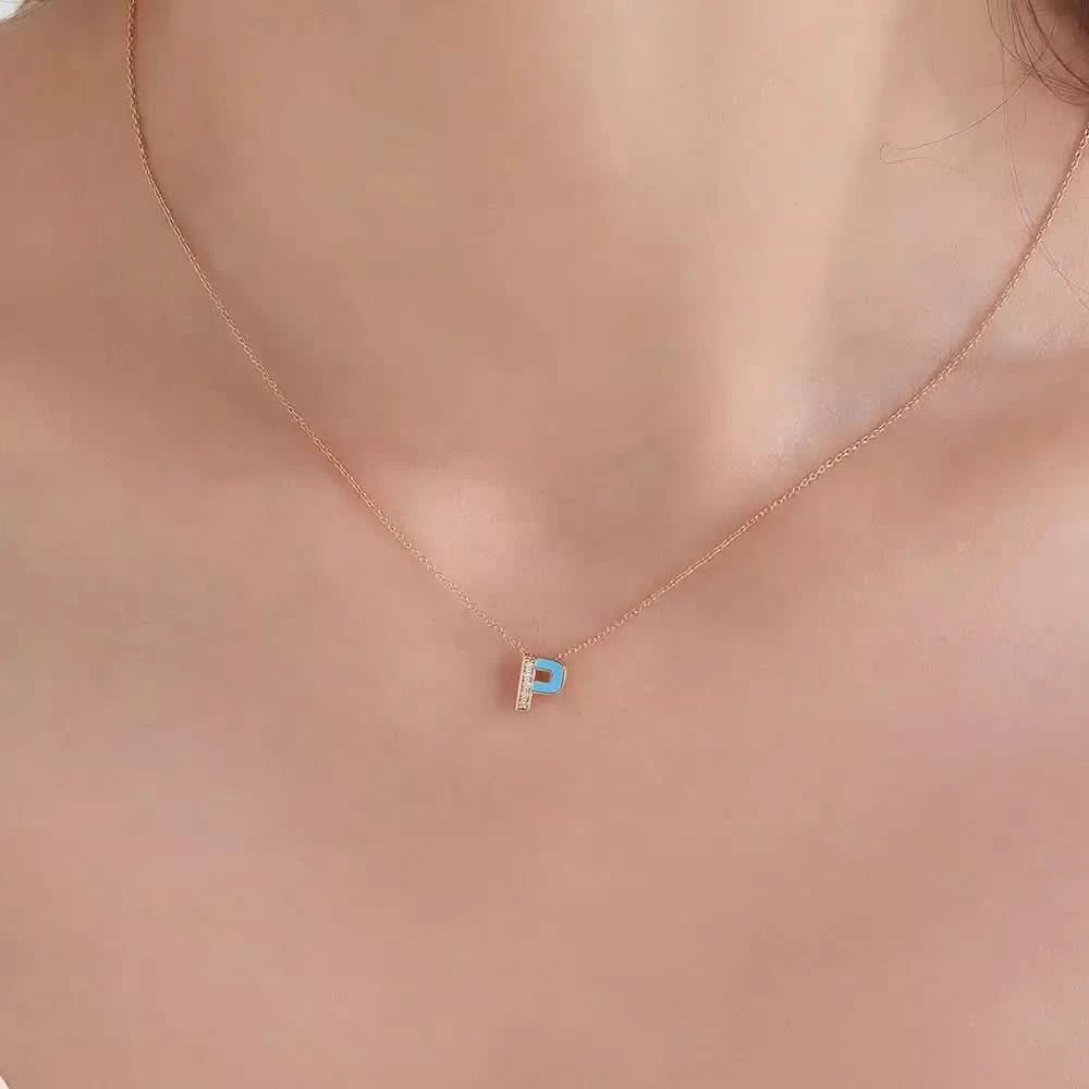P Harf Pırlanta Taşlı ve Mavi Mineli Rose Altın Kolye