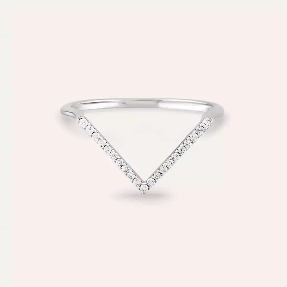 Pırlanta Taşlı Beyaz Altın Minimal V Yüzük